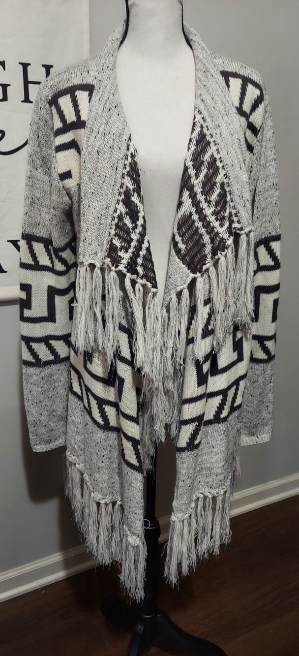 Blu Pepper Aztec Fringe Cardigan Sweater Sz L Gray Beige Boho Open Front BA4141